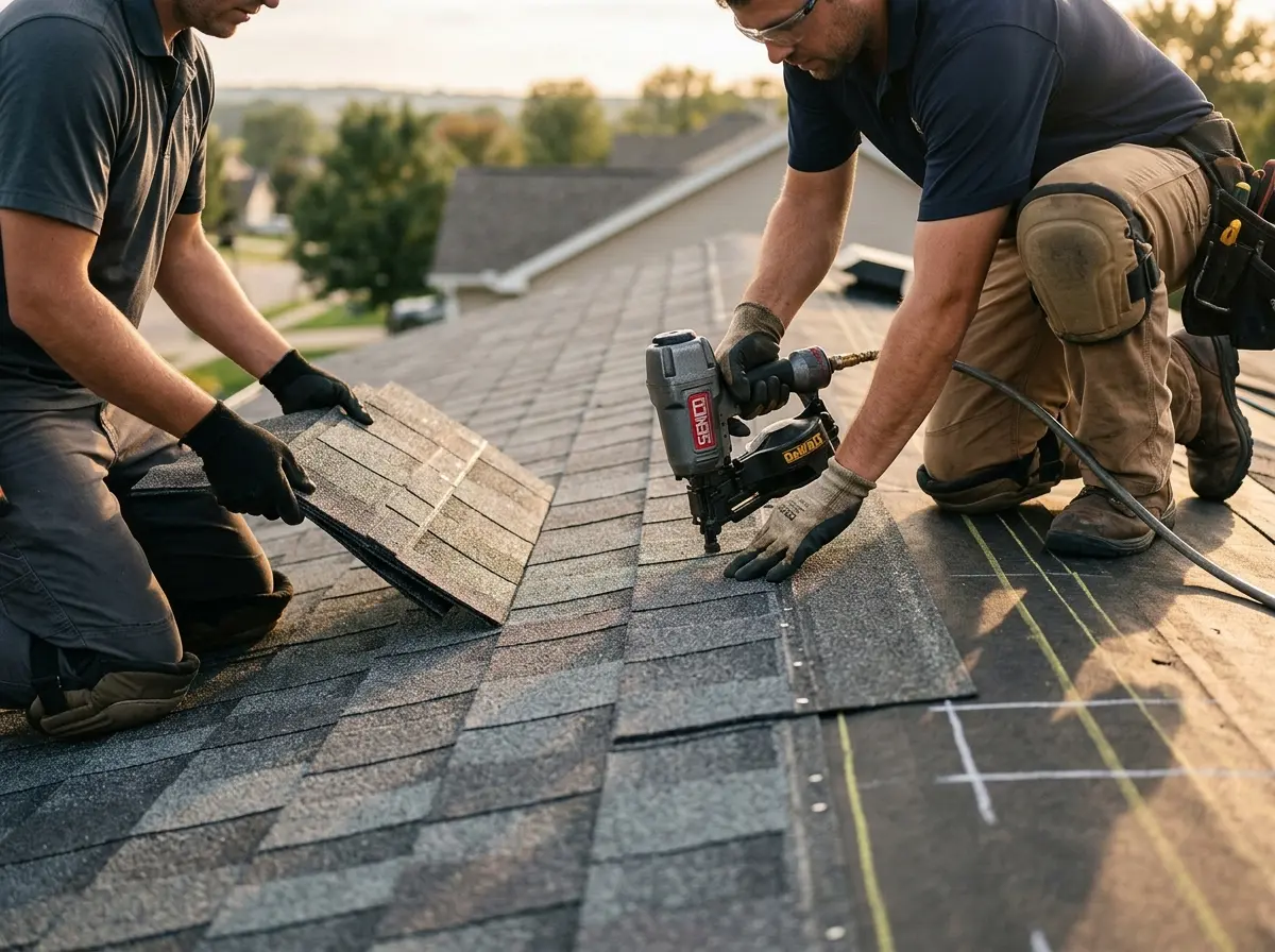 Professional roofer working on a residential roof in Bondurant